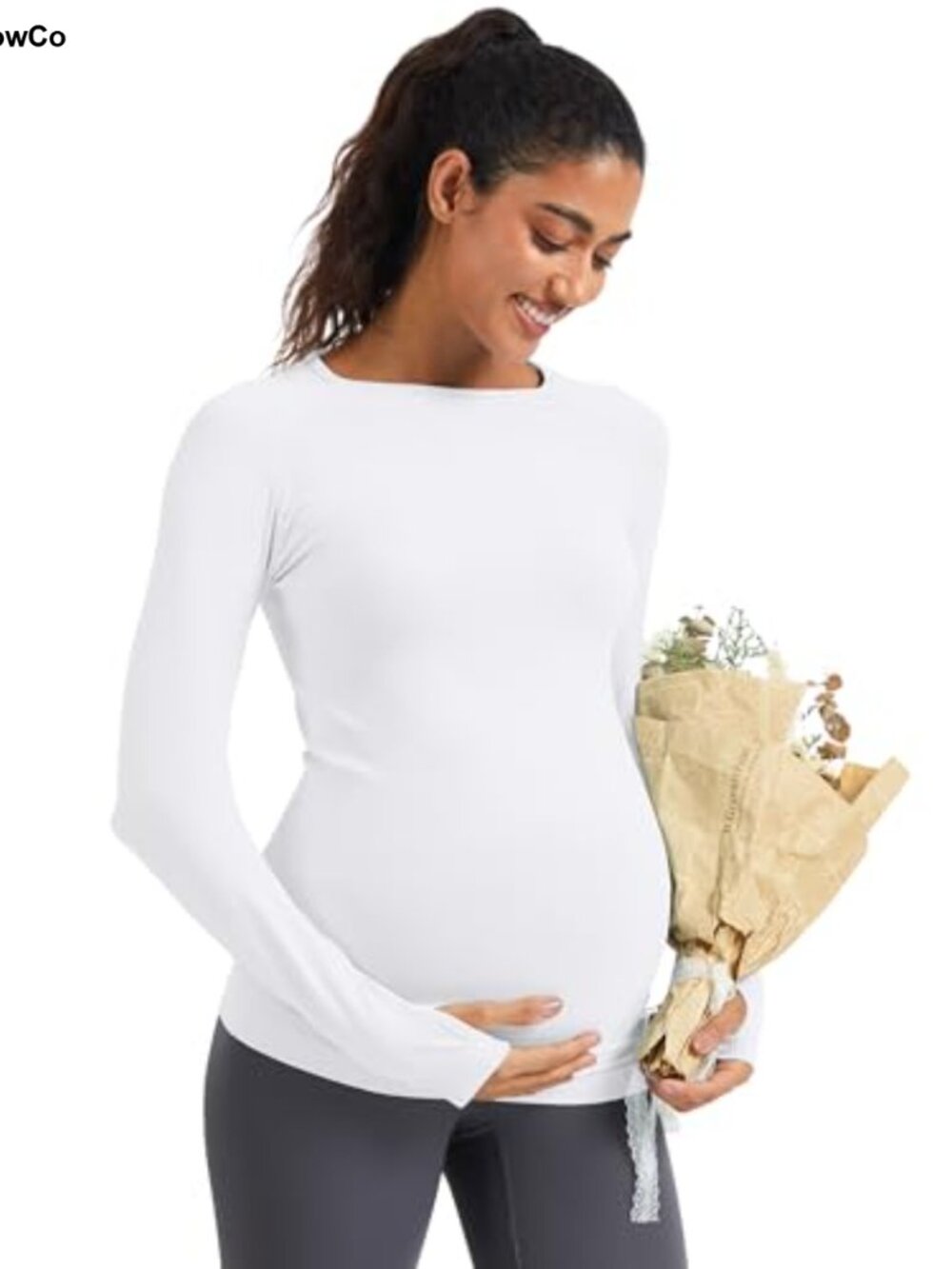 Seamless Maternity Long Sleeve Thumbhole Workout Top Nylon Elastane